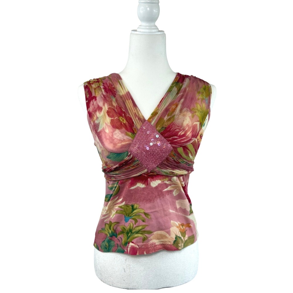 Guess Collection Sequin Mesh Tank Top Pink Floral Y2K Fairycore Tropical Small
